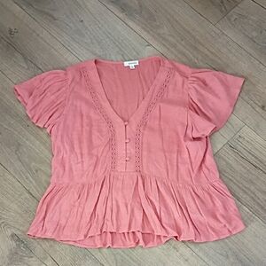 Eyeshadow Pullover Women's Mauve Short Flutter Sleeve V Neck Blouse Top Large